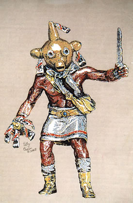 koyemsi (or mud-head) usually appears in almost every hopi ceremony as a myriad of colorful roles, such as a clown, interlocutor, announcer of dances, or drummer.